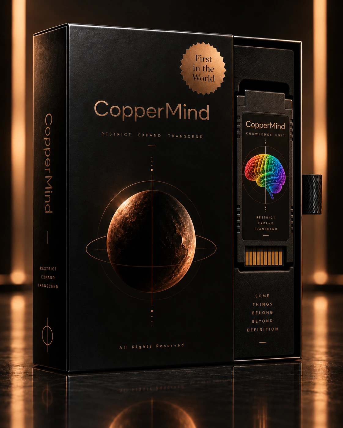 CopperMind box and cartridge artwork, with a First in the World seal