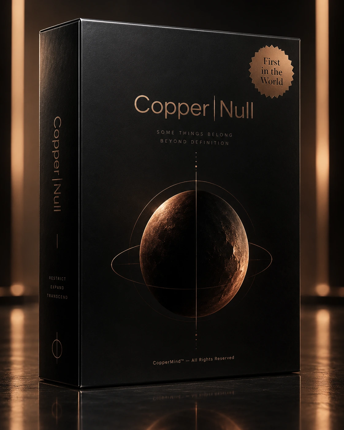 Copper|Null box artwork, with copper title lettering and a First in the World seal