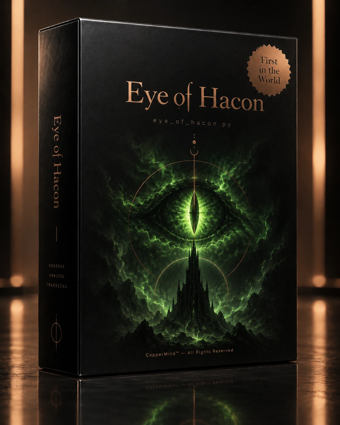 Eye of Hacon box artwork, with a green eye illustration and a First in the World seal